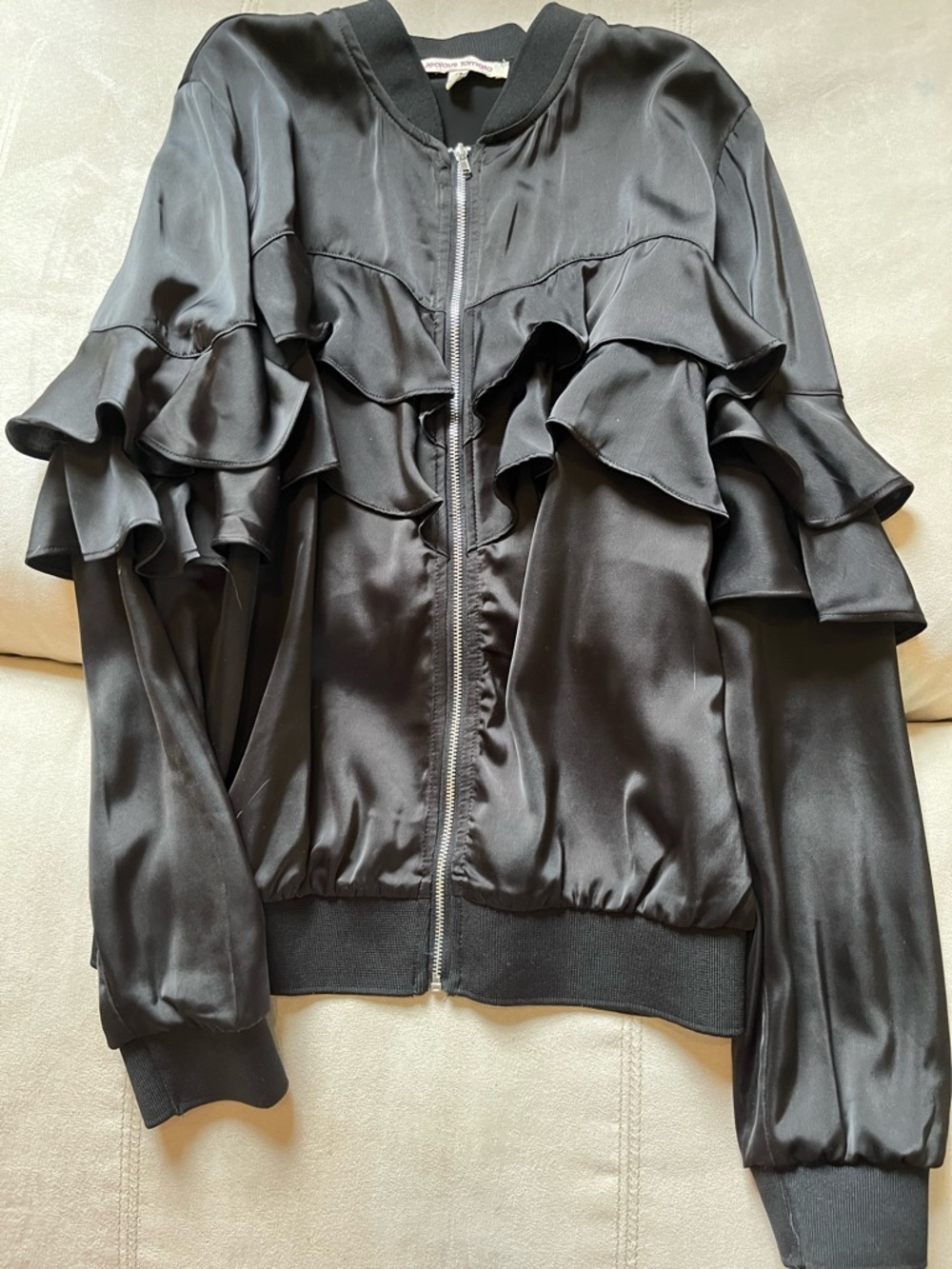 Jealous Tomato Black Satin Ruffle Zip-Front Bomber Jacket